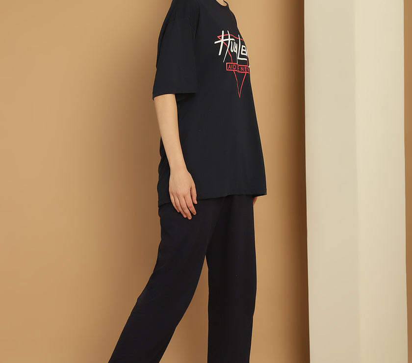 Mack Jonney Printed  Navy Round Neck Cotton Oversize Half sleeves Co-ord set Tracksuit For Women
