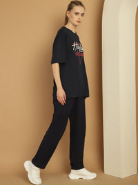 Mack Jonney Printed  Navy Round Neck Cotton Oversize Half sleeves Co-ord set Tracksuit For Women
