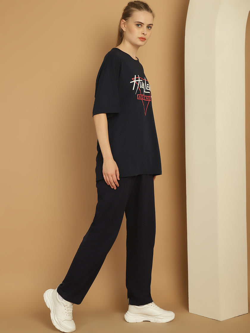 Mack Jonney Printed  Navy Round Neck Cotton Oversize Half sleeves Co-ord set Tracksuit For Women