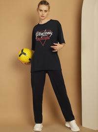 Mack Jonney Printed  Navy Round Neck Cotton Oversize Half sleeves Co-ord set Tracksuit For Women
