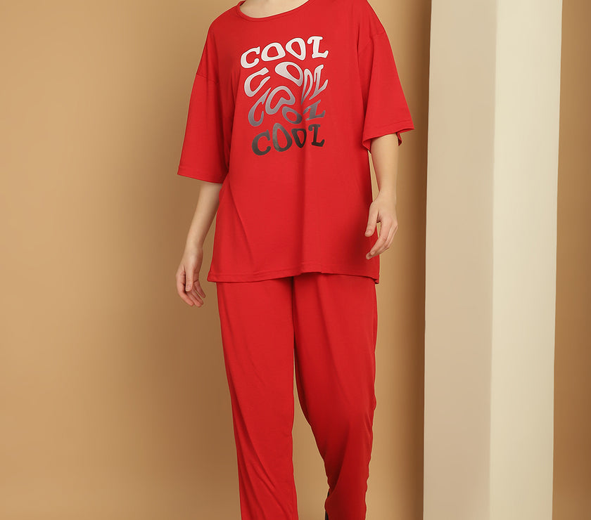 Mack Jonney Printed  Red Round Neck Cotton Oversize Half sleeves Co-ord set Tracksuit For Women