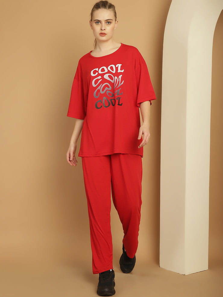 Mack Jonney Printed  Red Round Neck Cotton Oversize Half sleeves Co-ord set Tracksuit For Women