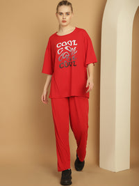 Mack Jonney Printed  Red Round Neck Cotton Oversize Half sleeves Co-ord set Tracksuit For Women