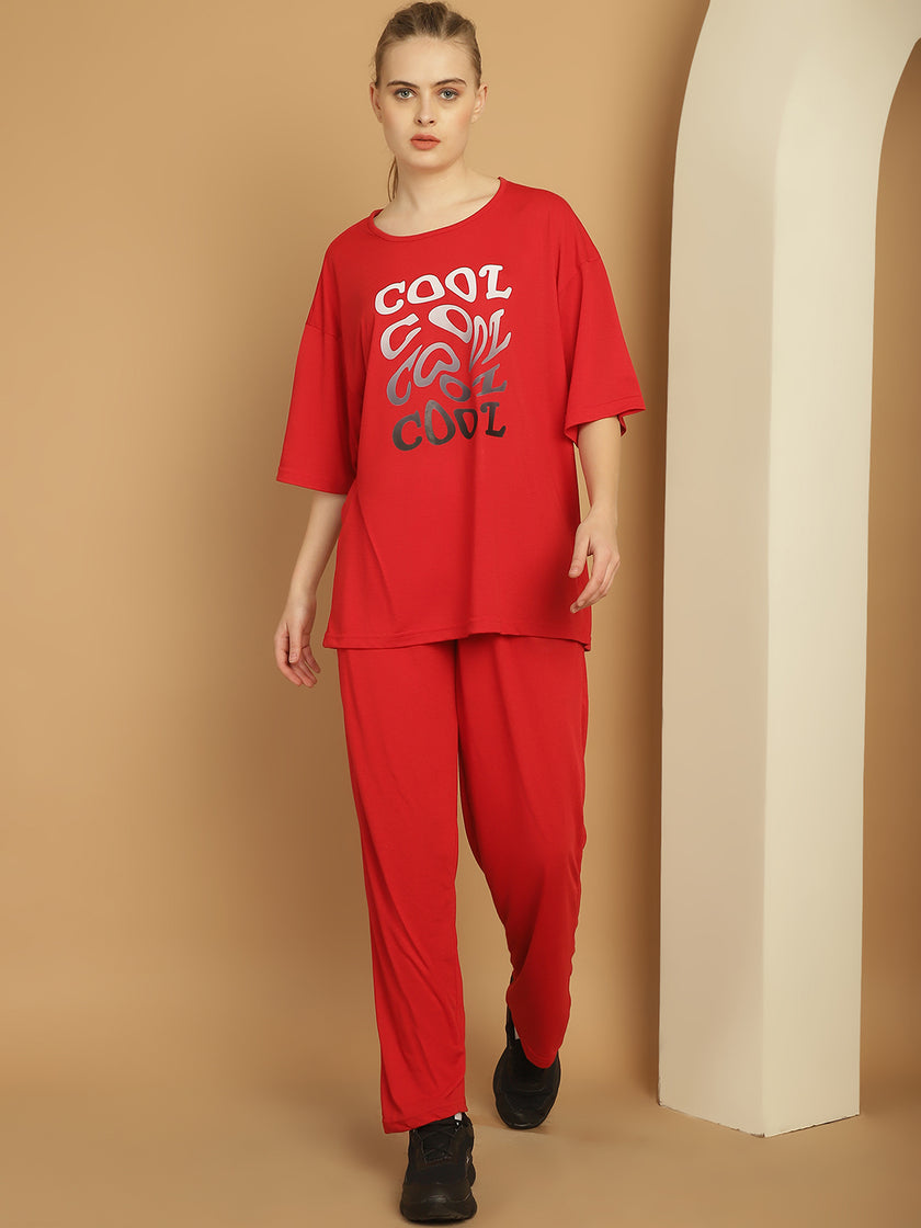 Mack Jonney Printed  Red Round Neck Cotton Oversize Half sleeves Co-ord set Tracksuit For Women