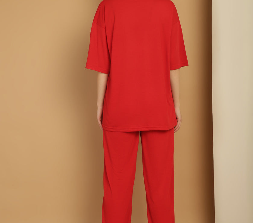 Mack Jonney Printed  Red Round Neck Cotton Oversize Half sleeves Co-ord set Tracksuit For Women
