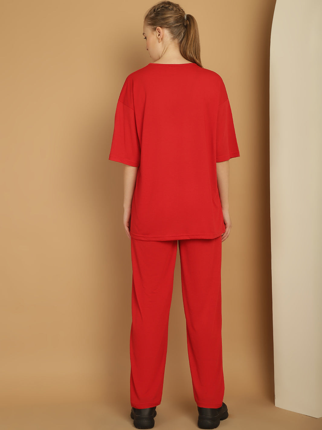 Mack Jonney Printed  Red Round Neck Cotton Oversize Half sleeves Co-ord set Tracksuit For Women