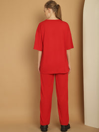 Mack Jonney Printed  Red Round Neck Cotton Oversize Half sleeves Co-ord set Tracksuit For Women