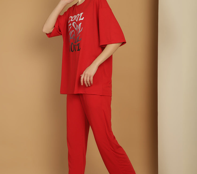 Mack Jonney Printed  Red Round Neck Cotton Oversize Half sleeves Co-ord set Tracksuit For Women
