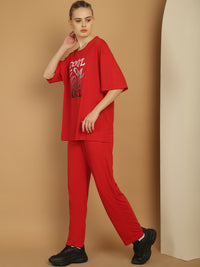 Mack Jonney Printed  Red Round Neck Cotton Oversize Half sleeves Co-ord set Tracksuit For Women