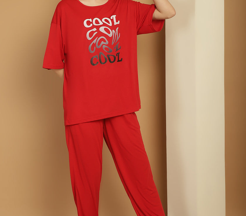Mack Jonney Printed  Red Round Neck Cotton Oversize Half sleeves Co-ord set Tracksuit For Women