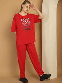 Mack Jonney Printed  Red Round Neck Cotton Oversize Half sleeves Co-ord set Tracksuit For Women