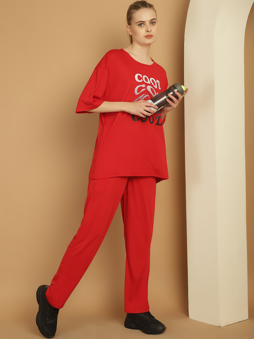 Mack Jonney Printed  Red Round Neck Cotton Oversize Half sleeves Co-ord set Tracksuit For Women