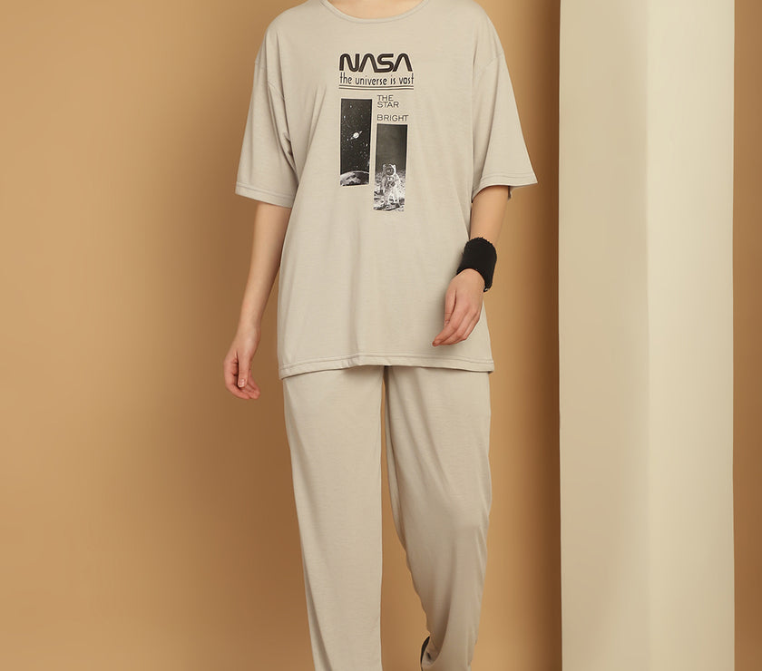 Mack Jonney Printed  Light Grey Round Neck Cotton Oversize Half sleeves Co-ord set Tracksuit For Women