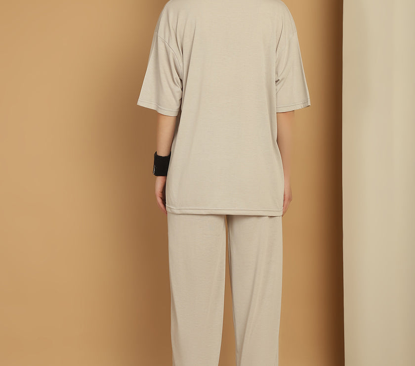 Mack Jonney Printed  Light Grey Round Neck Cotton Oversize Half sleeves Co-ord set Tracksuit For Women