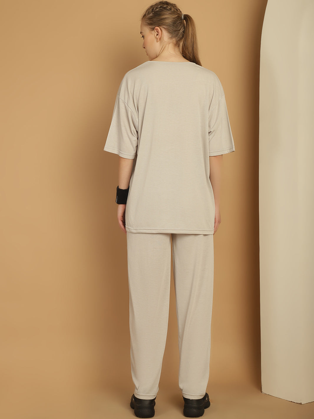 Mack Jonney Printed  Light Grey Round Neck Cotton Oversize Half sleeves Co-ord set Tracksuit For Women
