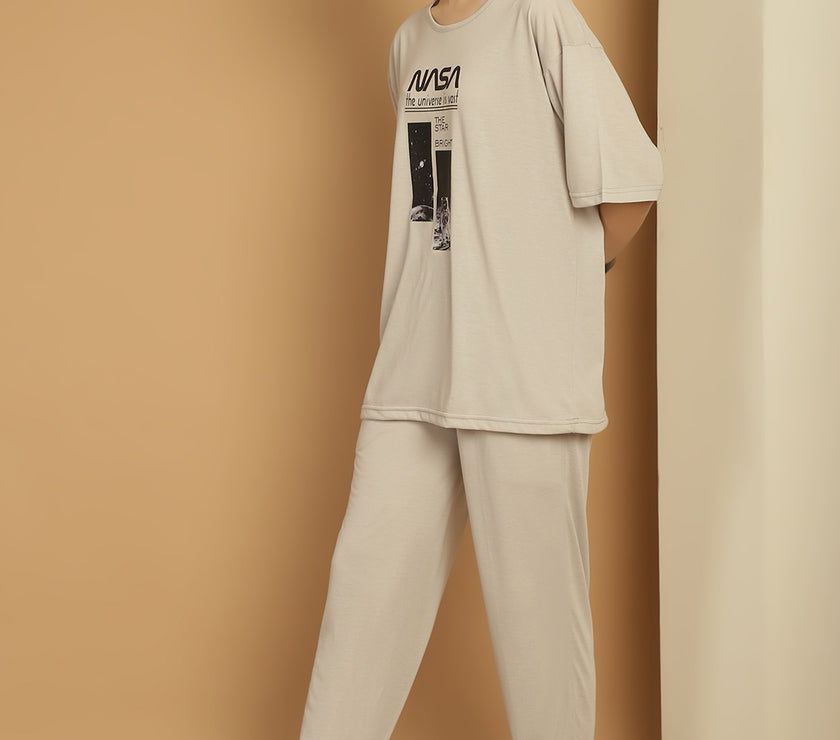 Mack Jonney Printed  Light Grey Round Neck Cotton Oversize Half sleeves Co-ord set Tracksuit For Women
