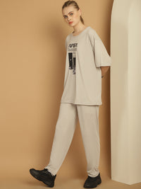 Mack Jonney Printed  Light Grey Round Neck Cotton Oversize Half sleeves Co-ord set Tracksuit For Women