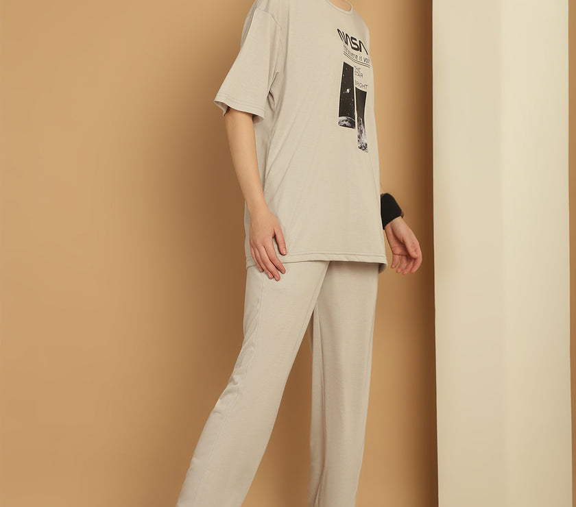 Mack Jonney Printed  Light Grey Round Neck Cotton Oversize Half sleeves Co-ord set Tracksuit For Women