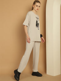 Mack Jonney Printed  Light Grey Round Neck Cotton Oversize Half sleeves Co-ord set Tracksuit For Women