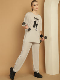 Mack Jonney Printed  Light Grey Round Neck Cotton Oversize Half sleeves Co-ord set Tracksuit For Women