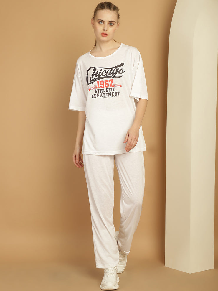 Mack Jonney Printed  White Round Neck Cotton Oversize Half sleeves Co-ord set Tracksuit For Women