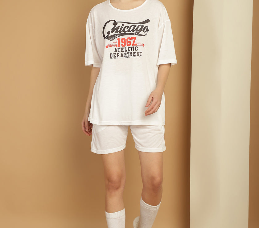 Mack Jonney Printed  White Round Neck Cotton Oversize Half sleeves Co-ord set Tracksuit For Women
