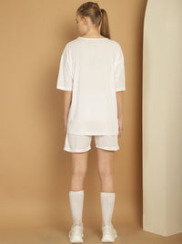 Mack Jonney Printed  White Round Neck Cotton Oversize Half sleeves Co-ord set Tracksuit For Women