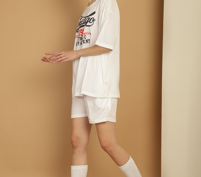 Mack Jonney Printed  White Round Neck Cotton Oversize Half sleeves Co-ord set Tracksuit For Women
