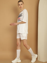 Mack Jonney Printed  White Round Neck Cotton Oversize Half sleeves Co-ord set Tracksuit For Women
