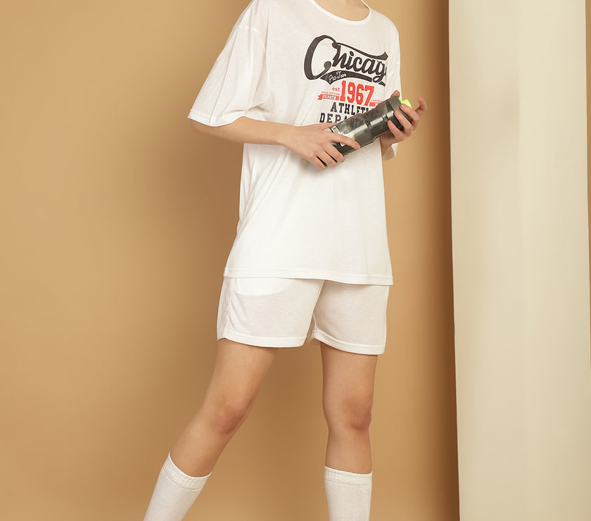 Mack Jonney Printed  White Round Neck Cotton Oversize Half sleeves Co-ord set Tracksuit For Women