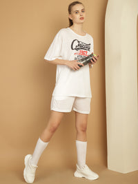 Mack Jonney Printed  White Round Neck Cotton Oversize Half sleeves Co-ord set Tracksuit For Women