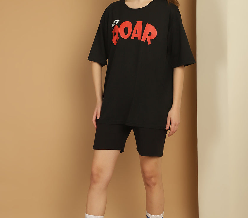 Mack Jonney Printed  Black Round Neck Cotton Oversize Half sleeves Co-ord set Tracksuit For Women