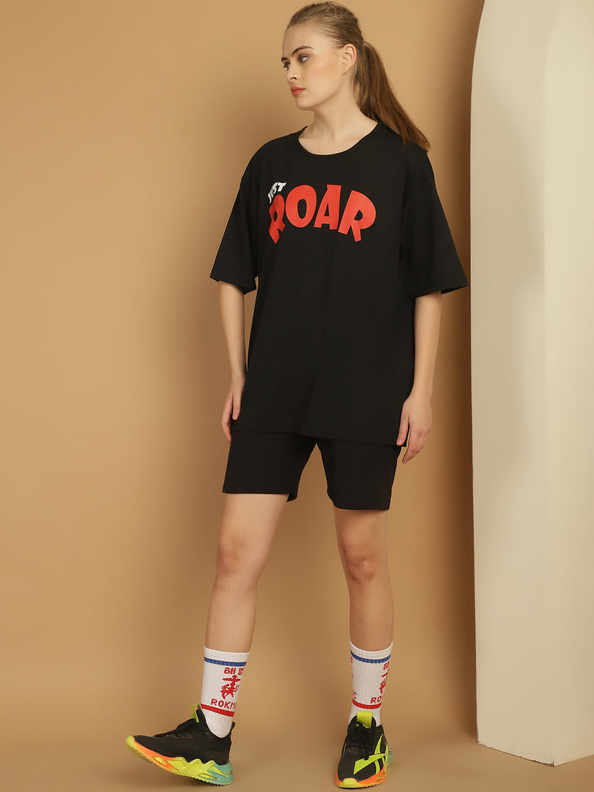 Mack Jonney Printed  Black Round Neck Cotton Oversize Half sleeves Co-ord set Tracksuit For Women