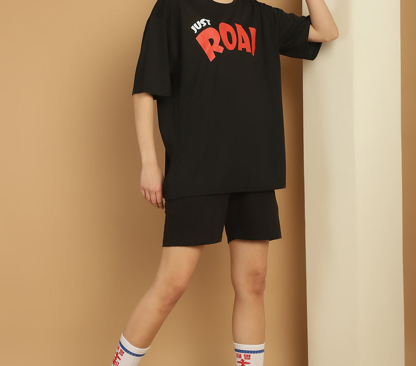 Mack Jonney Printed  Black Round Neck Cotton Oversize Half sleeves Co-ord set Tracksuit For Women