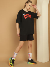 Mack Jonney Printed  Black Round Neck Cotton Oversize Half sleeves Co-ord set Tracksuit For Women