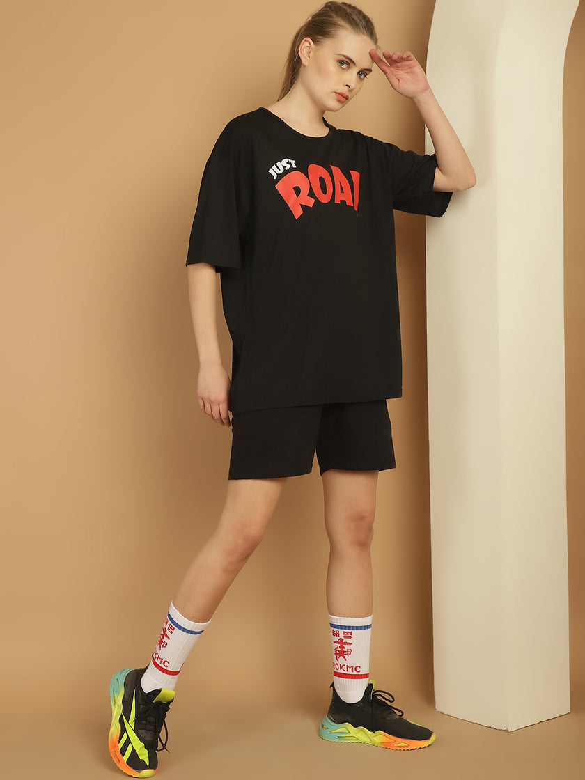 Mack Jonney Printed  Black Round Neck Cotton Oversize Half sleeves Co-ord set Tracksuit For Women
