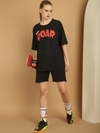 Mack Jonney Printed  Black Round Neck Cotton Oversize Half sleeves Co-ord set Tracksuit For Women