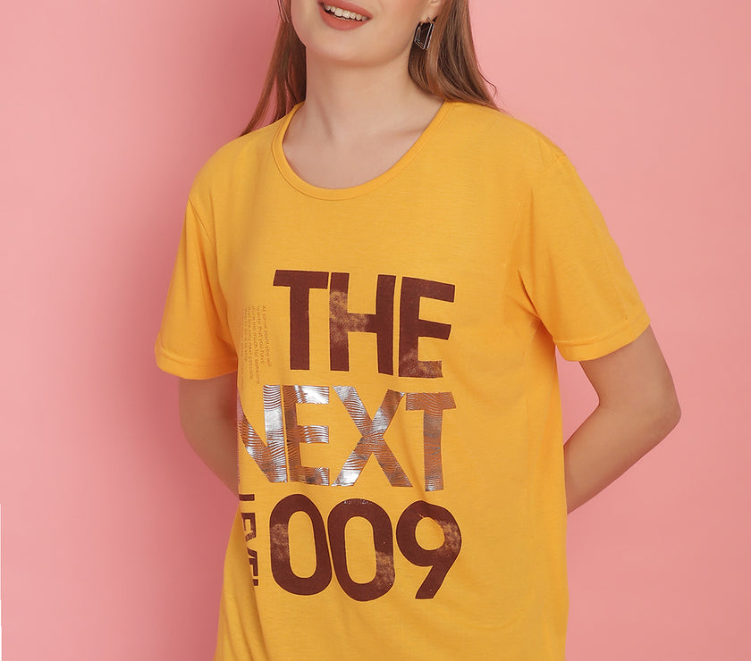 Mack Jonney Round Neck Cotton Printed Yellow T-Shirt for Women