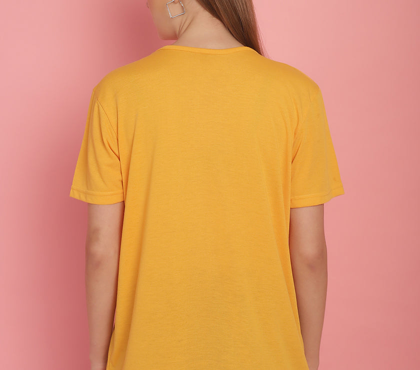 Mack Jonney Round Neck Cotton Printed Yellow T-Shirt for Women