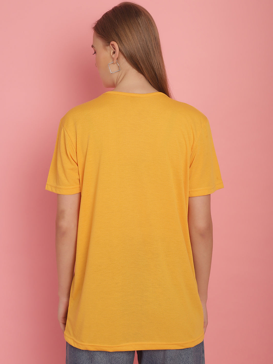 Mack Jonney Round Neck Cotton Printed Yellow T-Shirt for Women