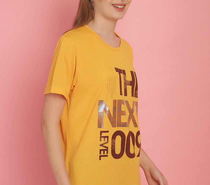 Mack Jonney Round Neck Cotton Printed Yellow T-Shirt for Women