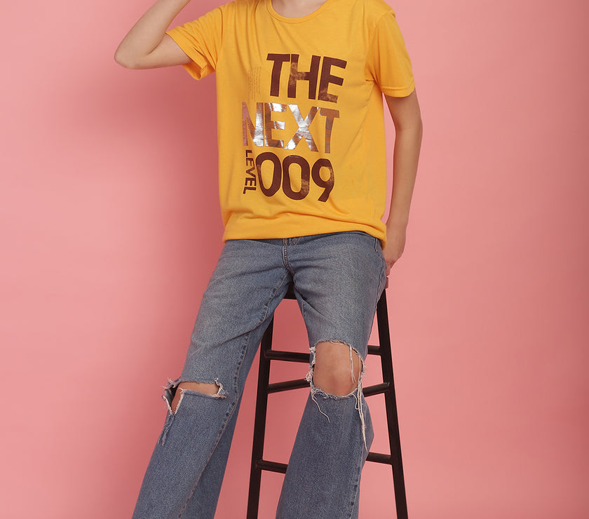 Mack Jonney Round Neck Cotton Printed Yellow T-Shirt for Women