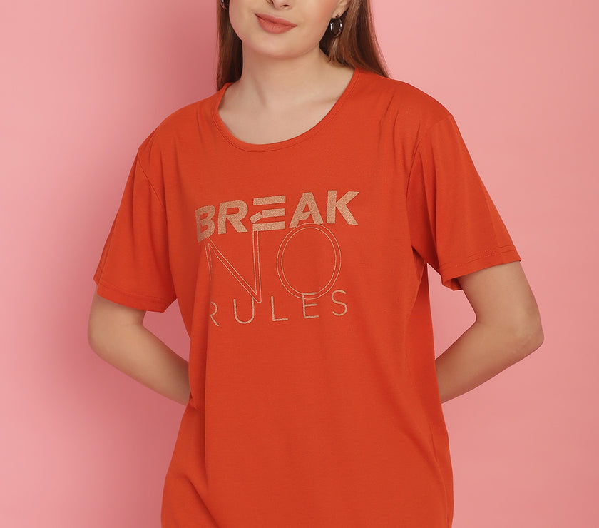 Mack Jonney Round Neck Cotton Printed Rust T-Shirt for Women