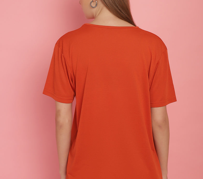 Mack Jonney Round Neck Cotton Printed Rust T-Shirt for Women