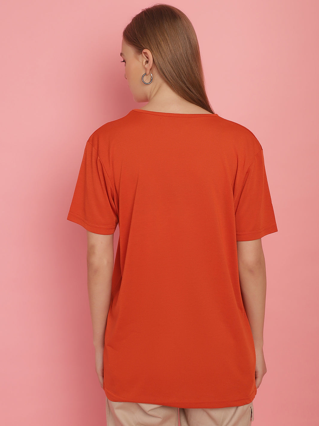 Mack Jonney Round Neck Cotton Printed Rust T-Shirt for Women