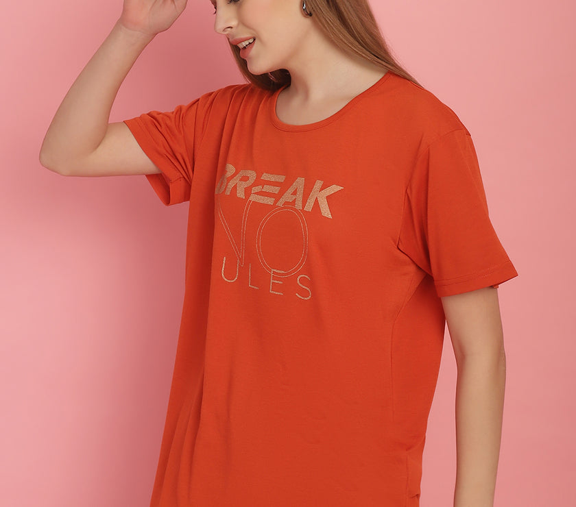 Mack Jonney Round Neck Cotton Printed Rust T-Shirt for Women
