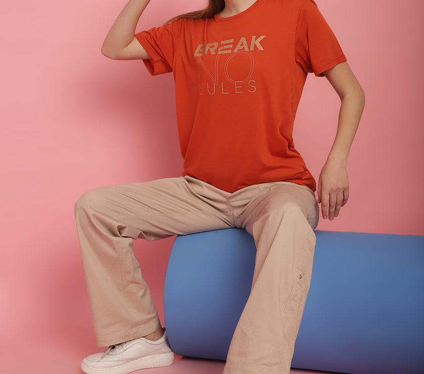 Mack Jonney Round Neck Cotton Printed Rust T-Shirt for Women