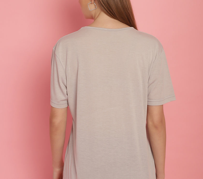 Mack Jonney Round Neck Cotton Printed Light Grey T-Shirt for Women