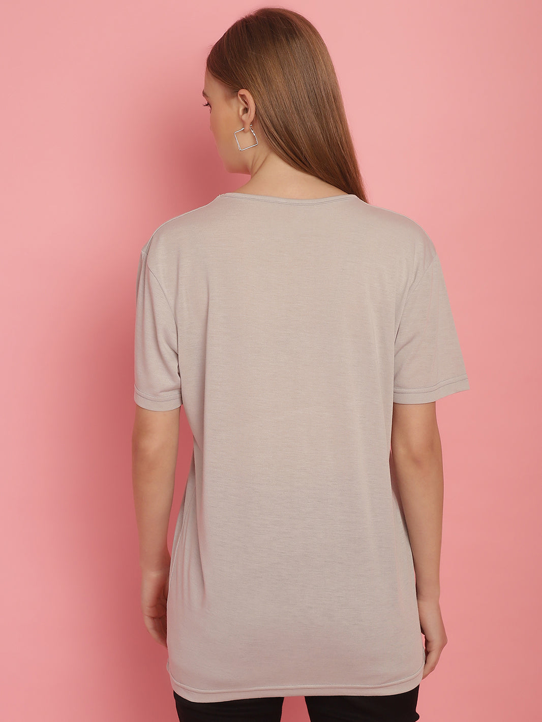 Mack Jonney Round Neck Cotton Printed Light Grey T-Shirt for Women