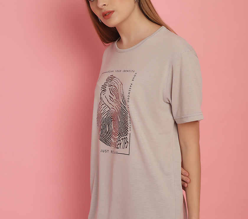 Mack Jonney Round Neck Cotton Printed Light Grey T-Shirt for Women